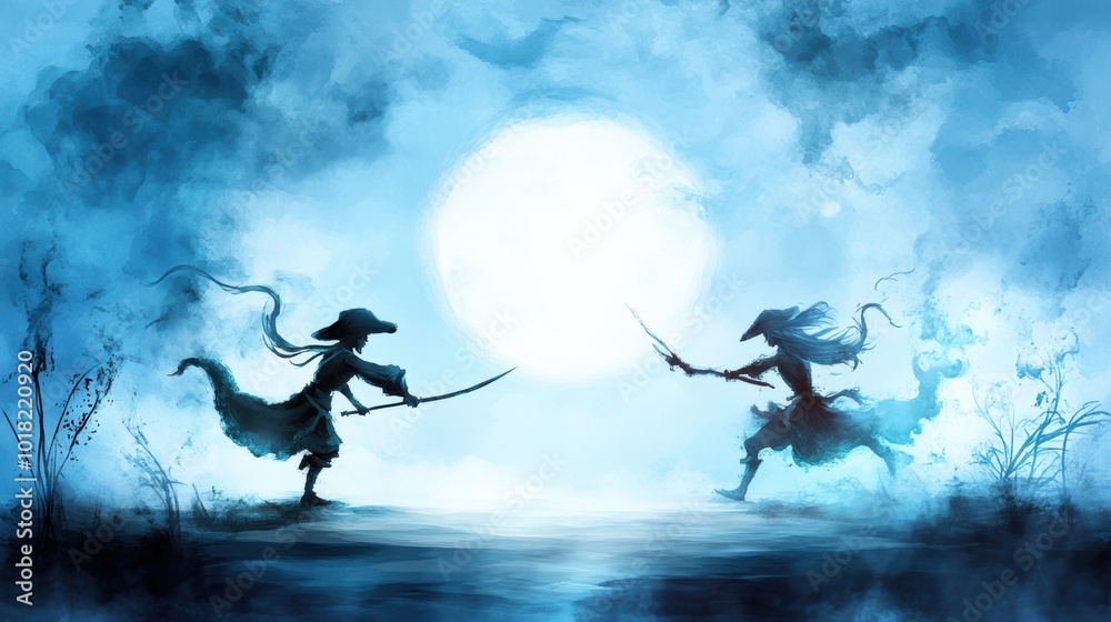 Two Silhouetted Sorcerers Performing Mystical Ritual Under Glowing Moon
