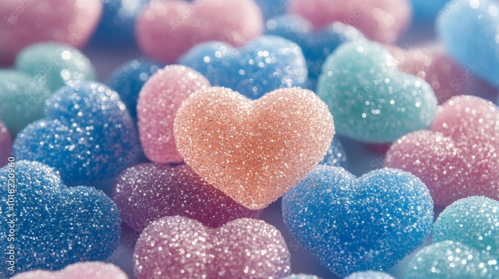 Fototapeta premium A Close-Up of Colorful Glittery Heart-Shaped Candies