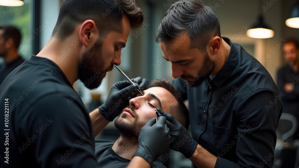 Two Men Engaged in Professional Aesthetic Work in a Modern Salon Environment Two Men Engaged in Professional Aesthetic Work in a Modern Salon Environment