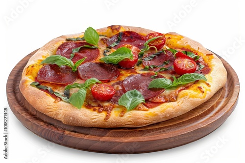 Pepperoni Pizza, Traditional Italian Diabolo Pizza Flatbread on Wood Plate with Salami, Chili Pepper photo