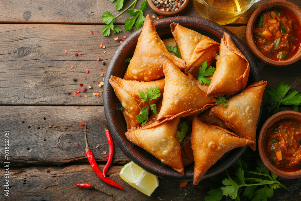 Samosas Filled With Meat and Vegetables Served in a Bowl on a Rustic Wooden Table Samosas Filled With Meat and Vegetables Served in a Bowl on a Rustic Wooden Table