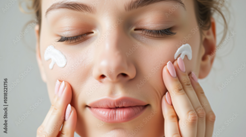 A close-up of a woman applying facial cream on her face A close-up of a woman applying facial cream on her face