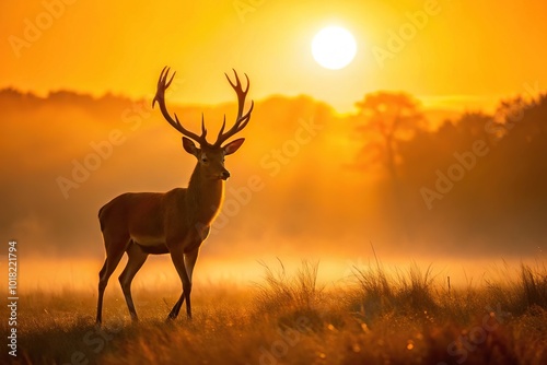 Minimalist photo of Fallow deer bull in orange light of rising sun