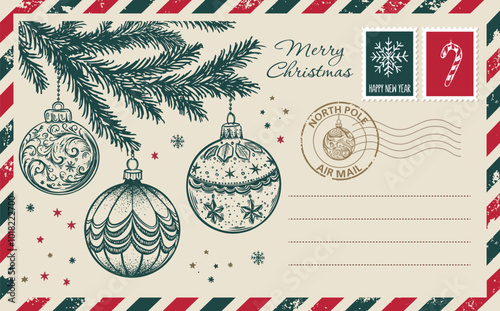 Christmas mail, postcard, hand drawn illustration.	

