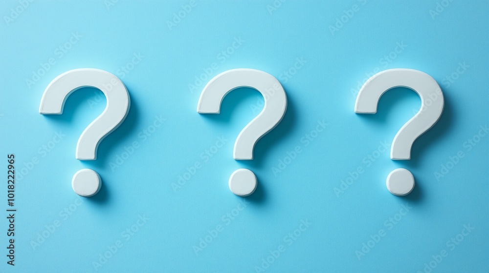 Three white question marks on a light blue background, symbolizing uncertainty, curiosity, or inquiry Three white question marks on a light blue background, symbolizing uncertainty, curiosity, or inquiry