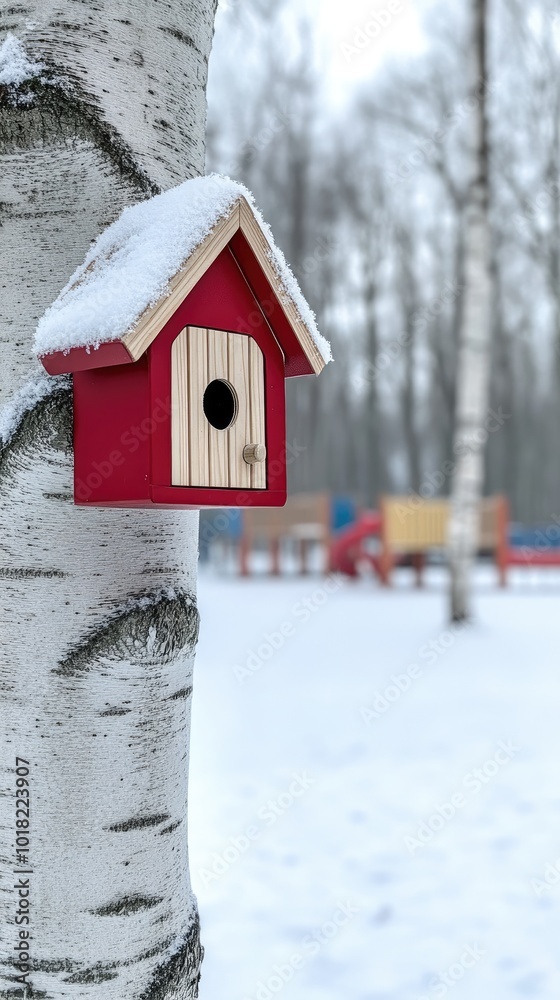 A wooden bird feeder with a snow-covered roof is suspended from a birch tree in a winter park, creating a welcoming spot for springtime birds amidst the snow A wooden bird feeder with a snow-covered roof is suspended from a birch tree in a winter park, creating a welcoming spot for springtime birds amidst the snow