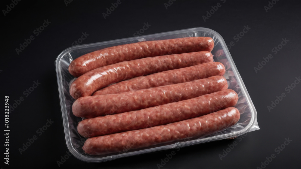 Package of delicious sausages on a dark background. This image is suitable for culinary blogs, recipe sharing, and product marketing. A simple and convenient solution for meat dishes Package of delicious sausages on a dark background. This image is suitable for culinary blogs, recipe sharing, and product marketing. A simple and convenient solution for meat dishes