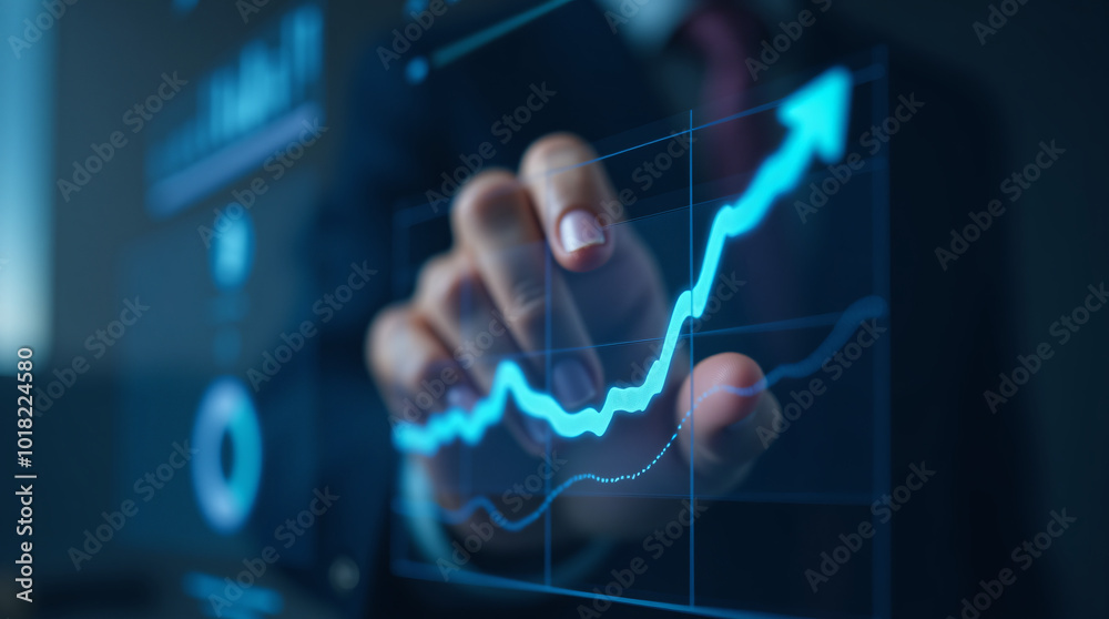 A businessman’s hand interacting growth graphs on a modern virtual interface screen A businessman’s hand interacting growth graphs on a modern virtual interface screen