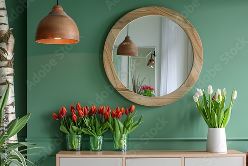 Green wall with round wooden mirror, vintage tulips, modern pendant lamp, minimal console, maximalist room