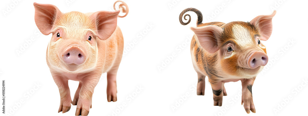 Playful pig with a curly tail, two adorable pigs walking towards the camera, showcasing their playful and charming nature in a vibrant setting. Playful pig with a curly tail, two adorable pigs walking towards the camera, showcasing their playful and charming nature in a vibrant setting.