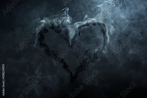 Realistic Smoke Heart on Dark Background, Steam Love Symbol, Cloud Transparent Valentine Silhouette
