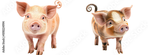 Playful pig with a curly tail, two adorable pigs walking towards the camera, showcasing their playful and charming nature in a vibrant setting.
