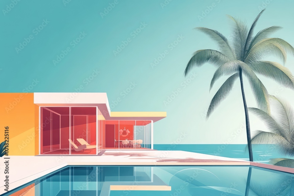 Fototapeta premium Modern Architecture Building in Minimalistic Vector Design with Palm Tree, Clear Blue Sky, and Serene Seascape
