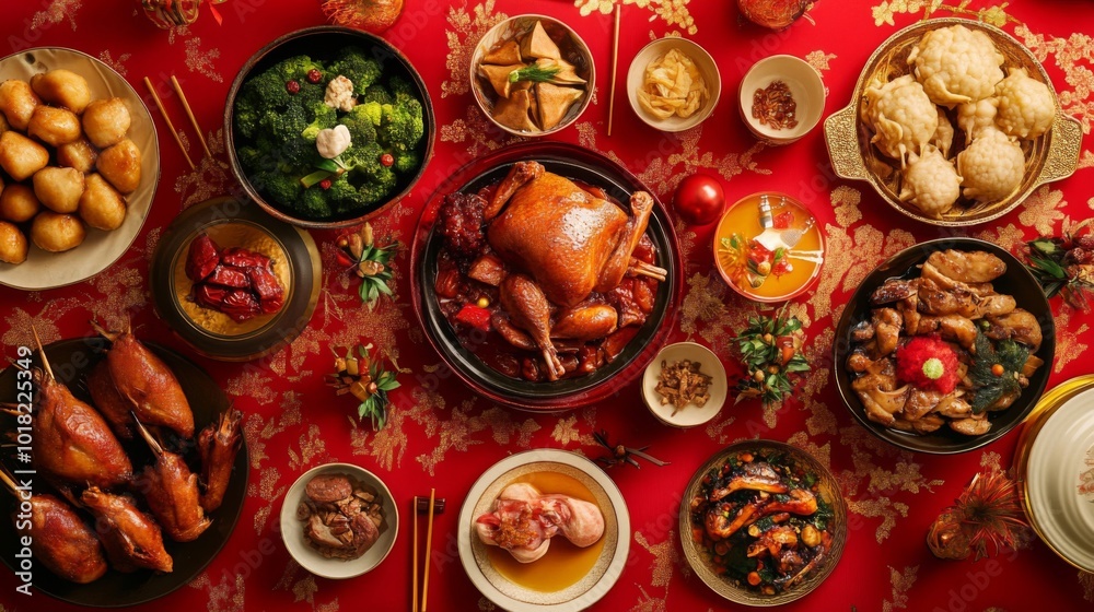 Fototapeta premium A Chinese New Year Feast of Various Dishes Served on Red Tablecloth