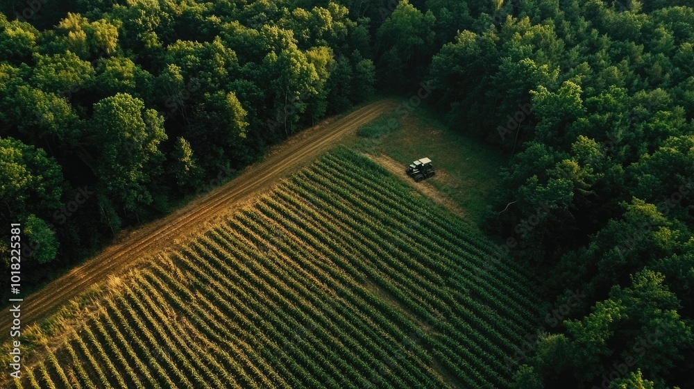 Aerial view of a cornfield bordered by dense forests, with a tractor working its way through the crops. Aerial view of a cornfield bordered by dense forests, with a tractor working its way through the crops.