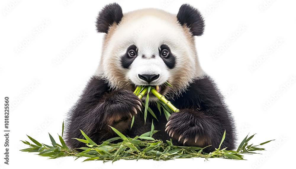 Fototapeta premium Panda bear munching on bamboo, showcasing its adorable features and vibrant fur in a natural setting.