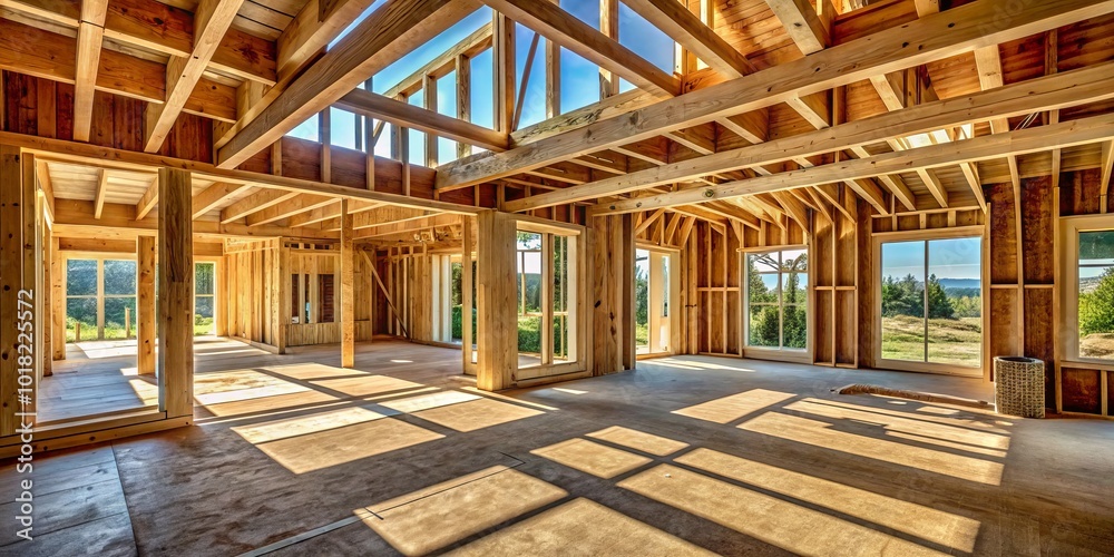 Unfinished Interior of Newly Constructed House with Stud Beam Framing for Real Estate and Construction Photography Unfinished Interior of Newly Constructed House with Stud Beam Framing for Real Estate and Construction Photography