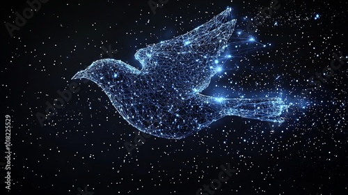 A conceptual image of a bird outlined in glowing points of light against a cosmic backdrop, depicting themes of spirituality and freedom through technology. photo