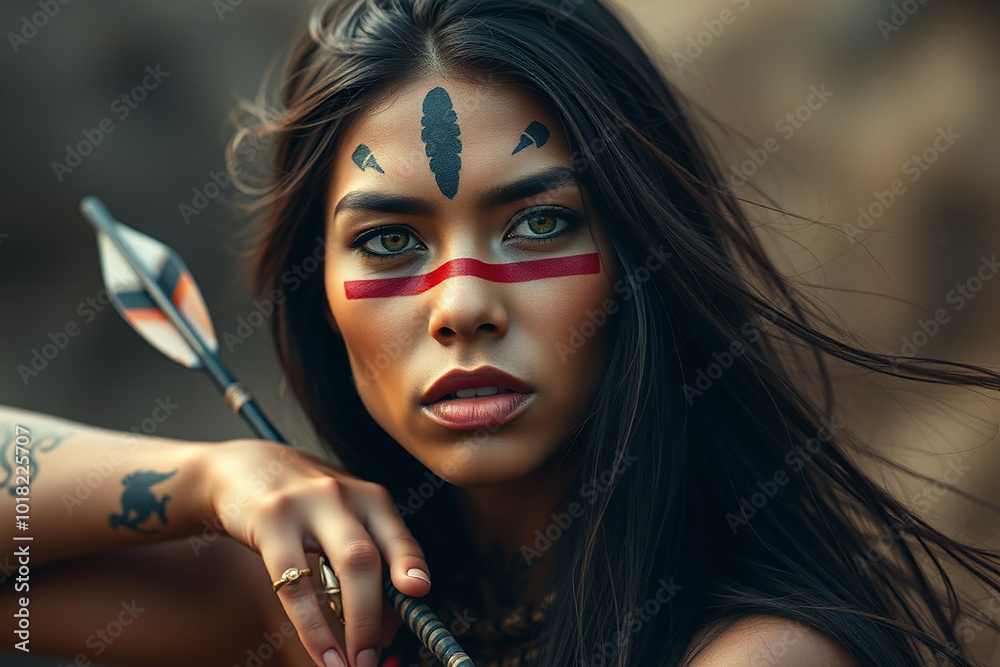Fototapeta premium Art photo of a stressed ethnic woman with painted mask on face