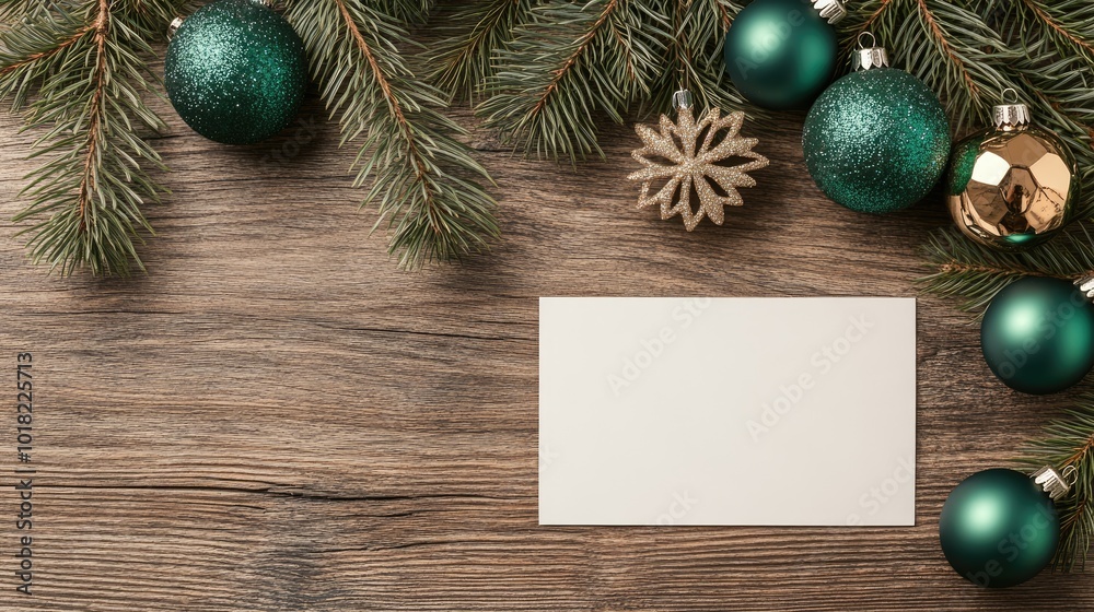 A blank white greeting card is positioned on an old wooden table, embellished with pine branches and green Christmas ornaments, creating a festive, inviting atmosphere A blank white greeting card is positioned on an old wooden table, embellished with pine branches and green Christmas ornaments, creating a festive, inviting atmosphere