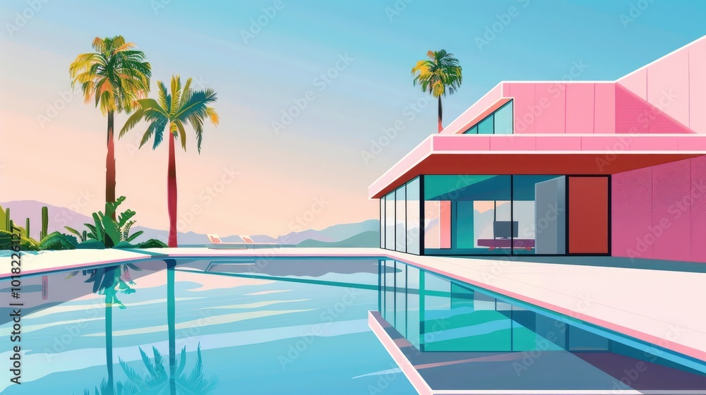 Fototapeta premium Modern Architecture Building with Swimming Pool and Trees in Vector Design Against Clear Blue Sky