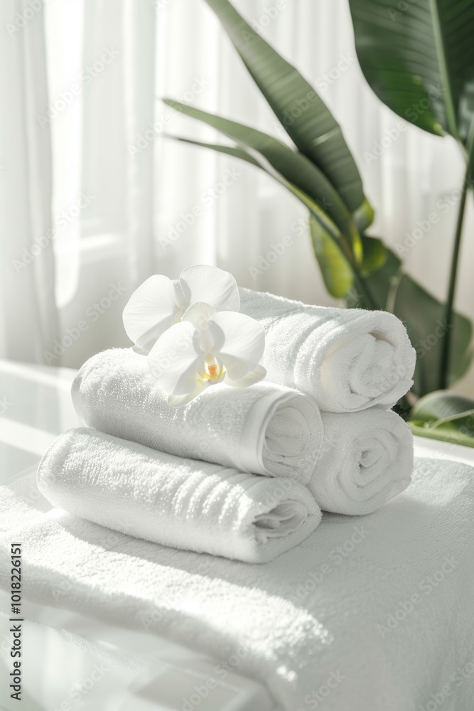 Clean soft rolled towels on white table banner, hotel, spa mockup with copy space, Clean soft rolled towels on white table banner, hotel, spa mockup with copy space,