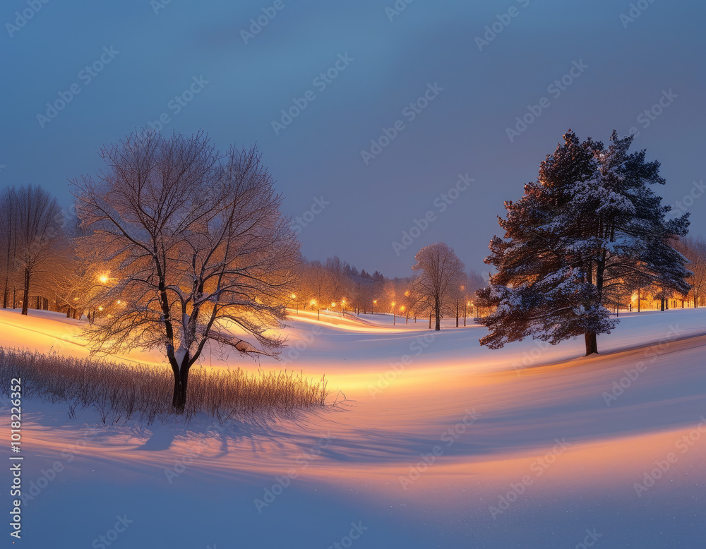 Snowy Path in Park at Twilight. Winter Park with Glowing Street Lamps Snowy Path in Park at Twilight. Winter Park with Glowing Street Lamps