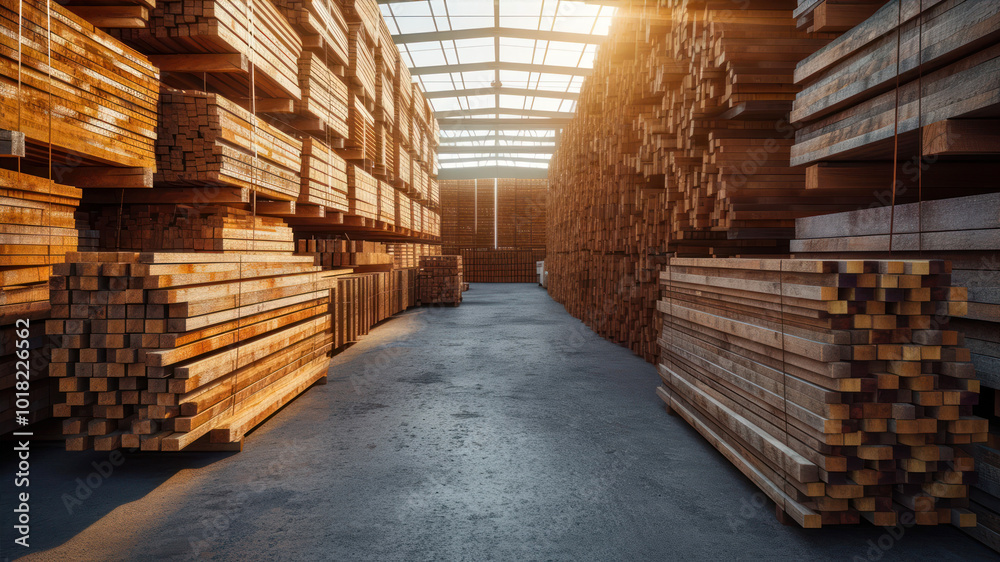 Brightly Lit Lumber Stacks in a Spacious Warehouse During the Day Brightly Lit Lumber Stacks in a Spacious Warehouse During the Day