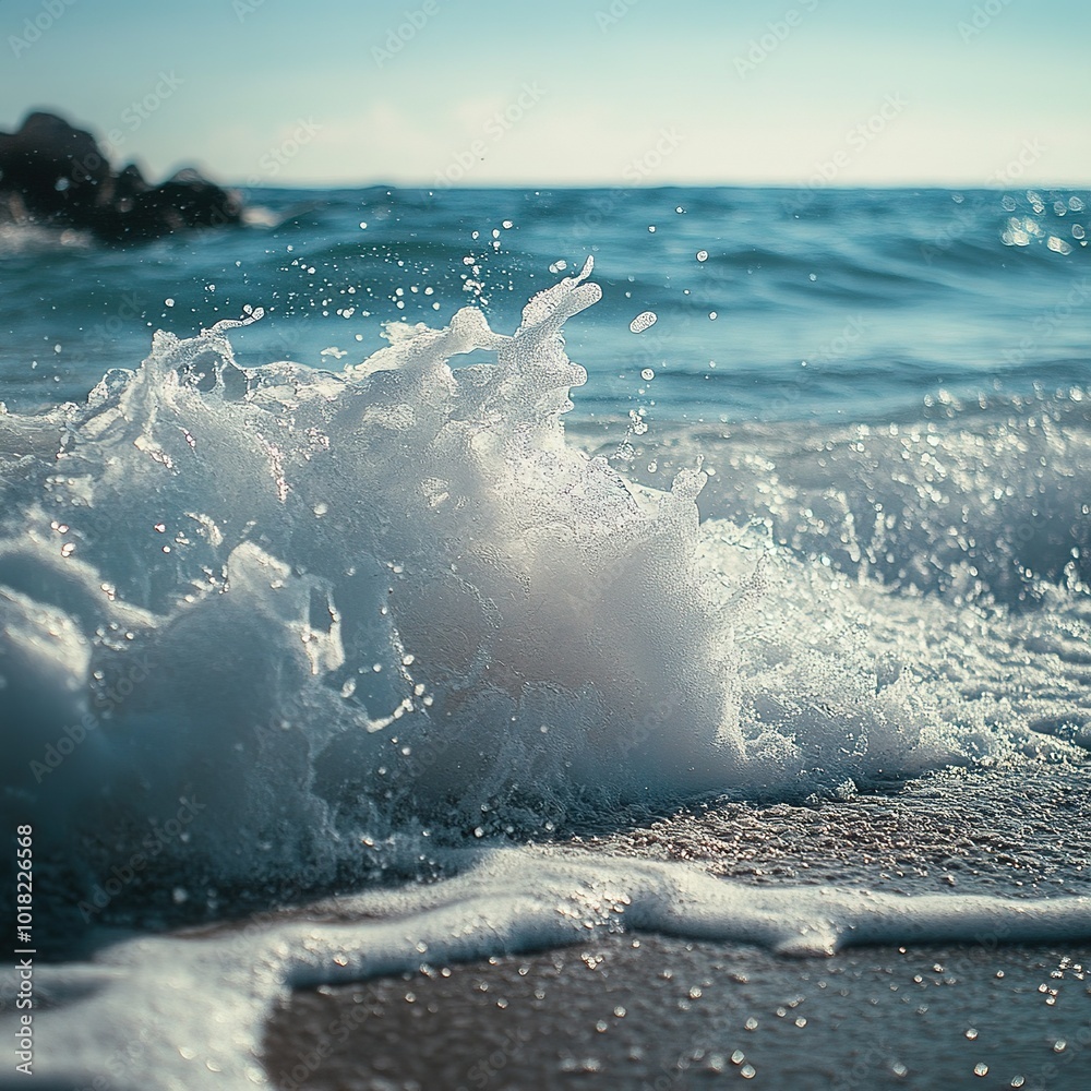 Obraz premium Beautiful foamy wave moves towards the shore. The sound of the waves is a constant song.