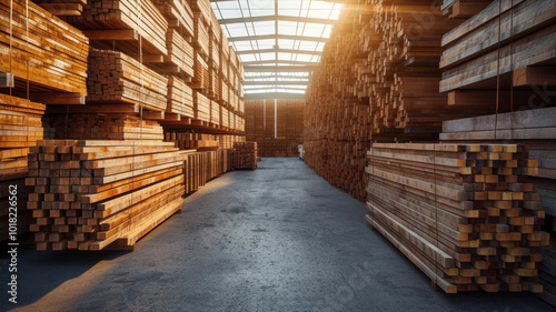 Brightly Lit Lumber Stacks in a Spacious Warehouse During the Day