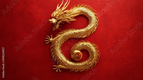 A Golden Dragon Coiled on a Red Background