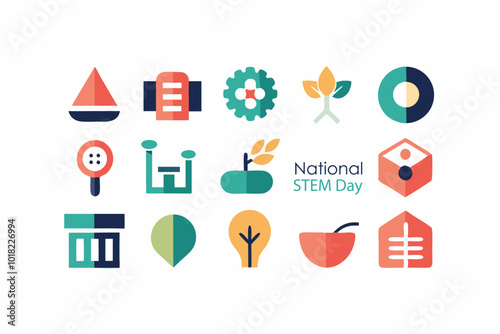 National stem day themes with abstract minimalist icons - education, science, technology, engineering, and math design