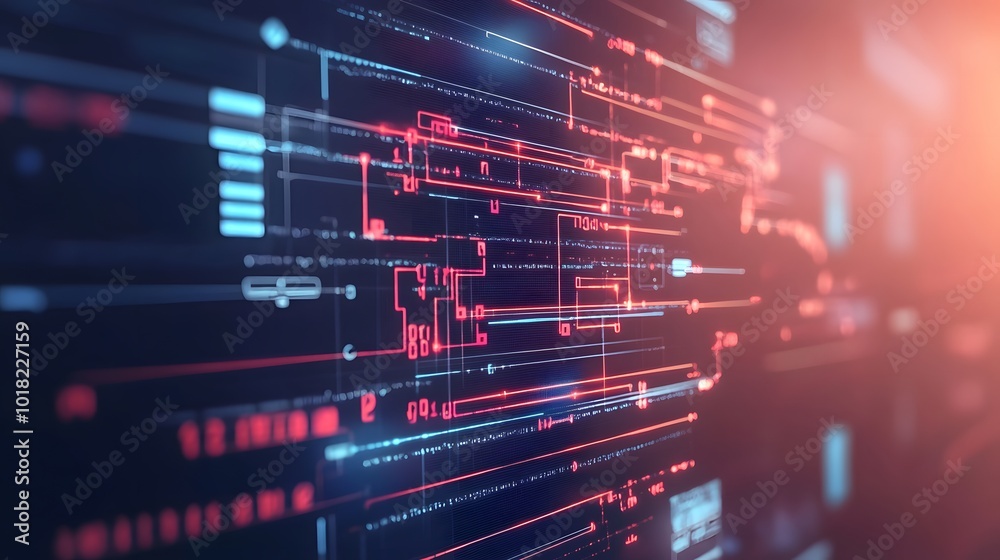 Abstract Digital Interface with Red and Blue Lines