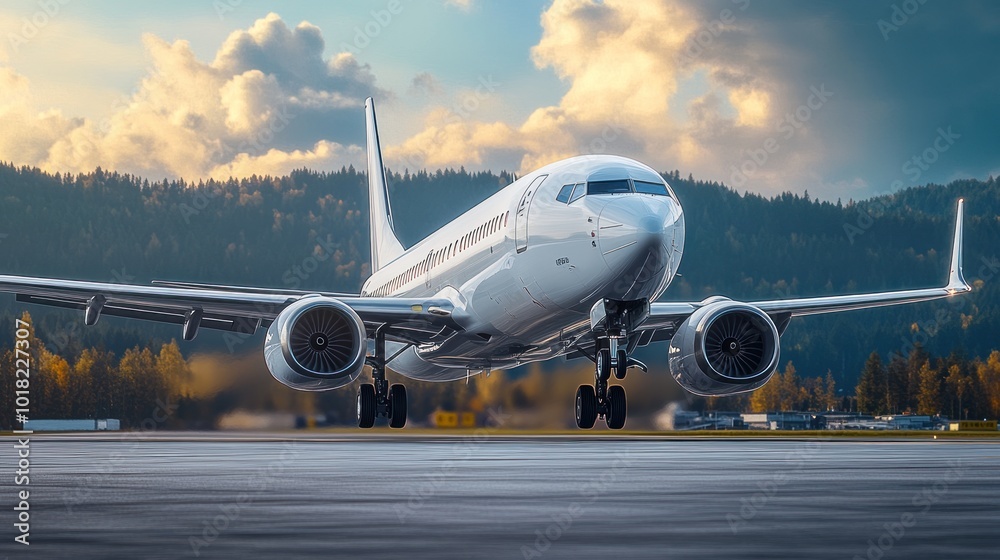 Airplane preparing for takeoff against a scenic backdrop. Airplane preparing for takeoff against a scenic backdrop.