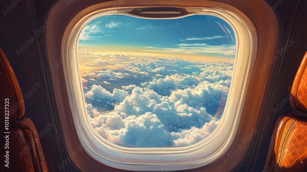 Airplane window scene showing a mix of the cabin interior with the outdoor view of clouds and distant mountains. Airplane window scene showing a mix of the cabin interior with the outdoor view of clouds and distant mountains.