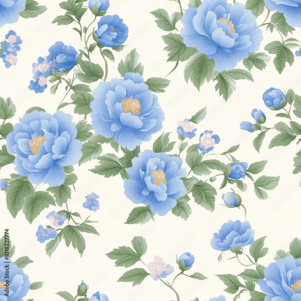 Fototapeta premium Seamless endless pattern with blue blooming peonies and leaves in beautiful vintage style