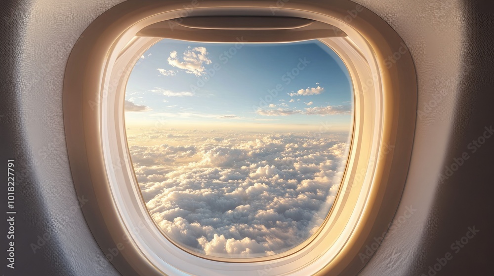 Airplane window template showing a partial cabin seat with a serene outdoor view of the clouds and distant horizon. - Airplane window template showing a partial cabin seat with a serene outdoor view of the clouds and distant horizon. -