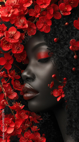 A Black African Woman With Red Hair Surrounded by Vibrant Red Flowers in a Serene Setting