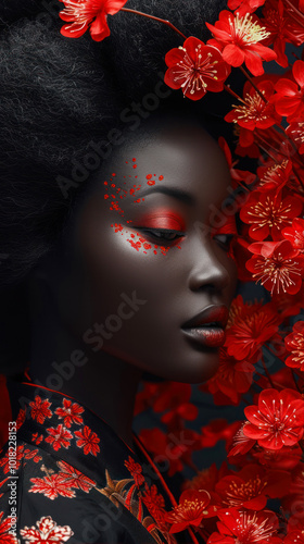 A Black African Woman With Red Hair Stands Among Vibrant Red Flowers in a Serene Setting