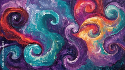 An abstract mix of colorful swirls, with hues of purple, red, and teal blending in a fluid, swirling design