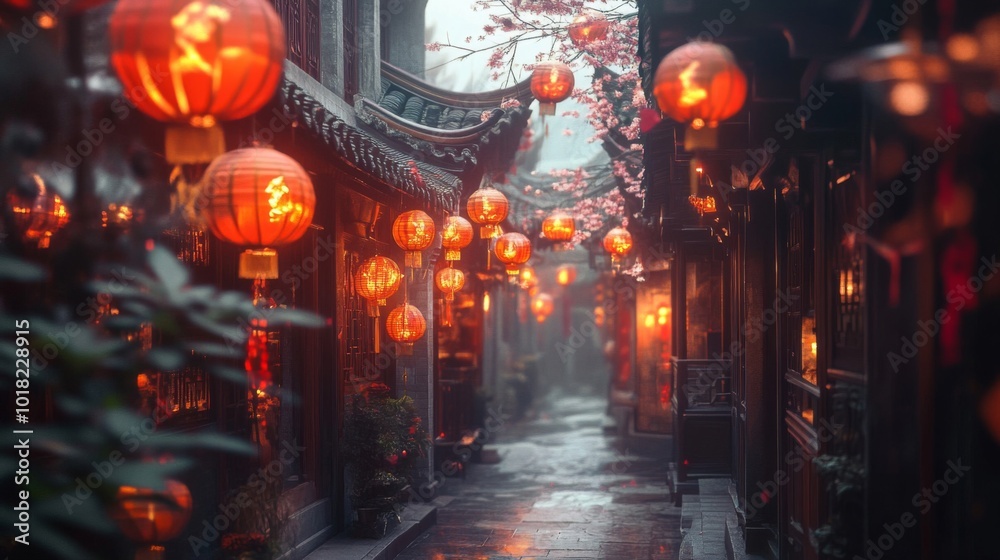 custom made wallpaper toronto digitalIlluminated Alleyway with Red Lanterns and Cherry Blossoms