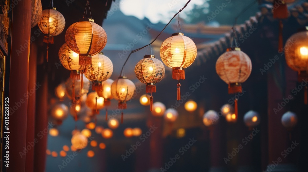 String of illuminated Chinese lanterns hanging in a temple String of illuminated Chinese lanterns hanging in a temple