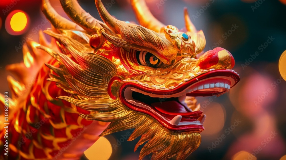 Fototapeta premium Close-up of a Golden Dragon Head with Red Accents