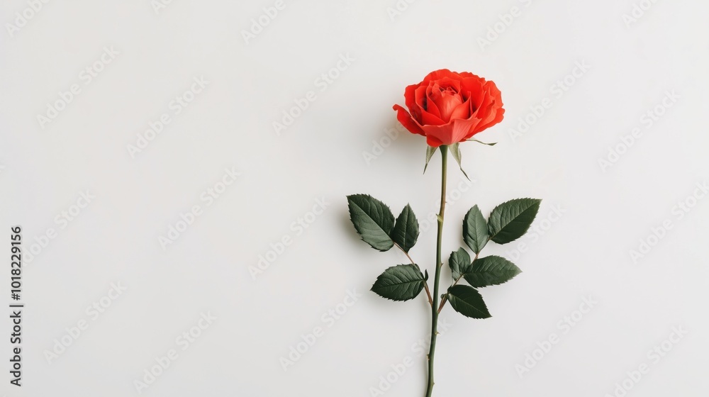 Elegant single red rose with lush green leaves on minimalist white background for romantic designs Elegant single red rose with lush green leaves on minimalist white background for romantic designs