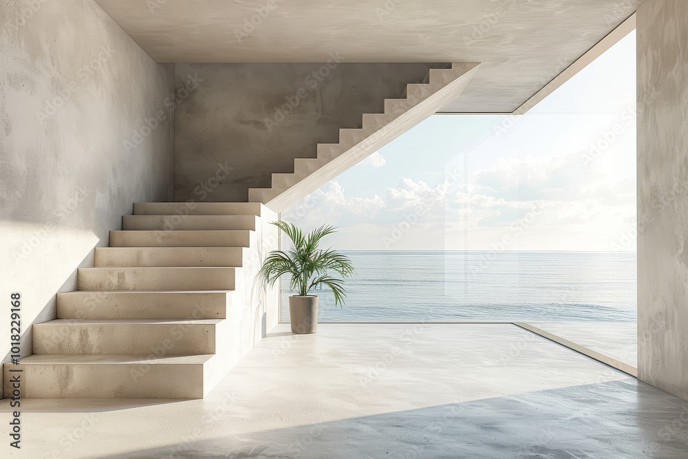 Obraz premium Minimalist empty room with beige concrete walls, a window, and stairs, offering a stunning view of the sea in a photorealistic style.