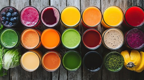 An array of vibrant fruit and vegetable juices in glasses, each juice a different color.