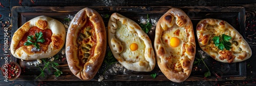 Georgian Food, Adjarian Khachapuri Dishes Set, Kutabs, Chebureks on Rustic Tablecloth Burlap Background photo