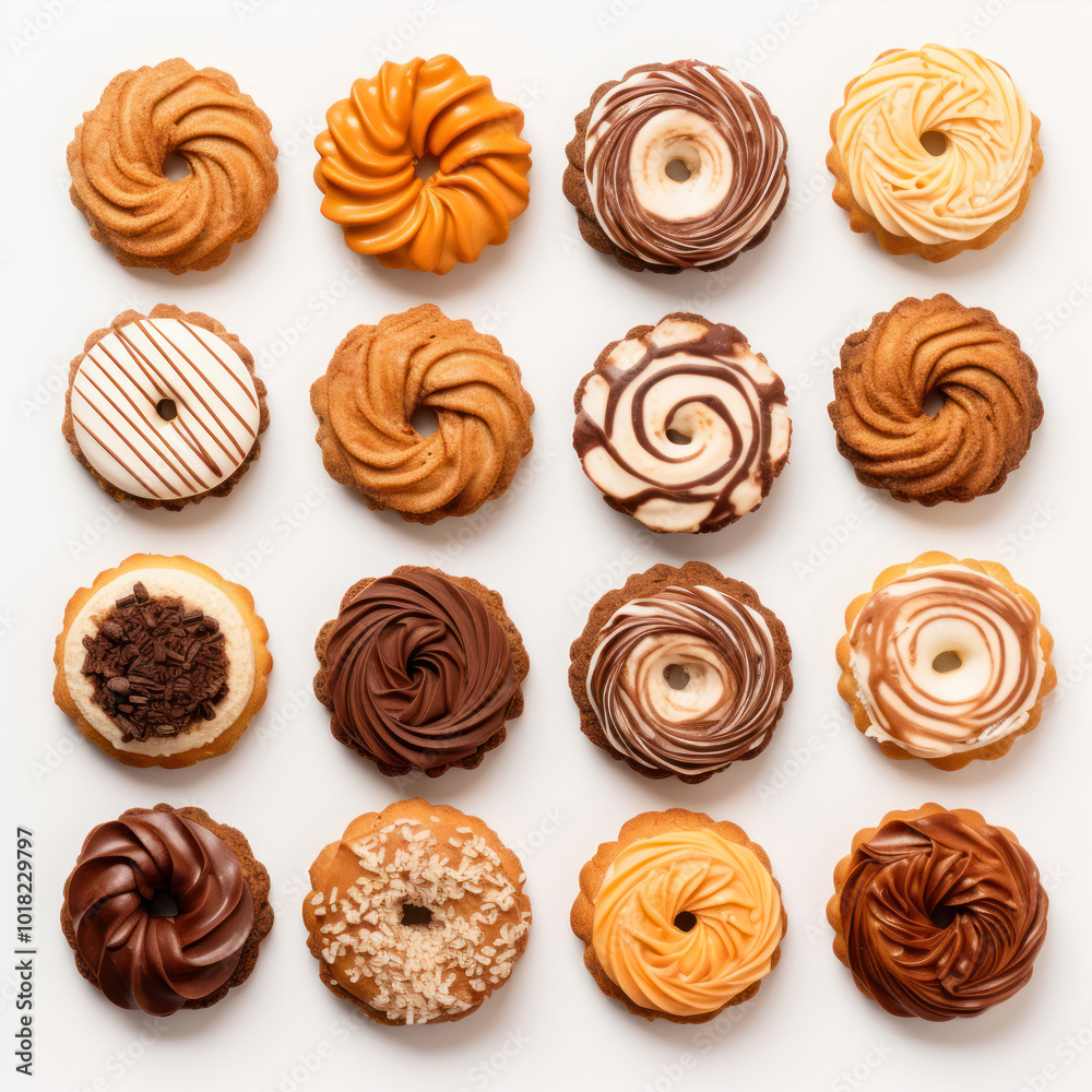 A Top View of Assorted Cookies Arranged Neatly on a White Surface for Dessert Enjoyment A Top View of Assorted Cookies Arranged Neatly on a White Surface for Dessert Enjoyment