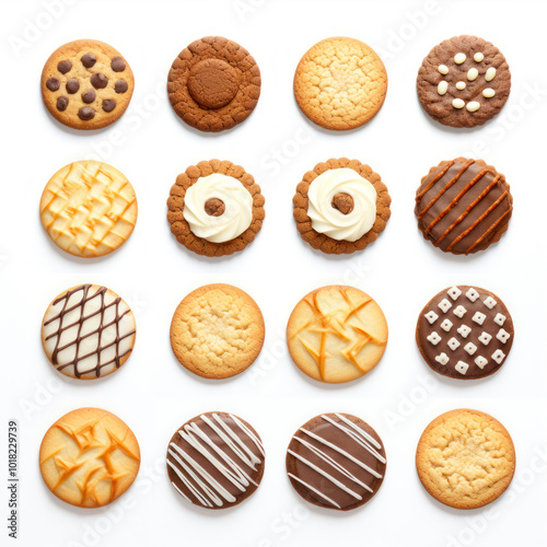 Assorted Cookies Arranged in a Grid on a Bright White Background From a Top View Perspective