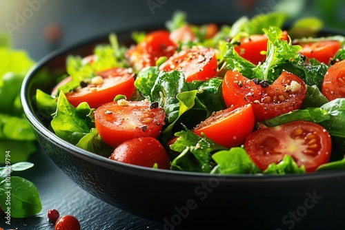 A delicious bowl of fresh salad features a colorful mix of vibrant cherry tomatoes and crisp green leaves. This healthy dish sits on a rustic table, showcasing its appealing textures and colors, perfe